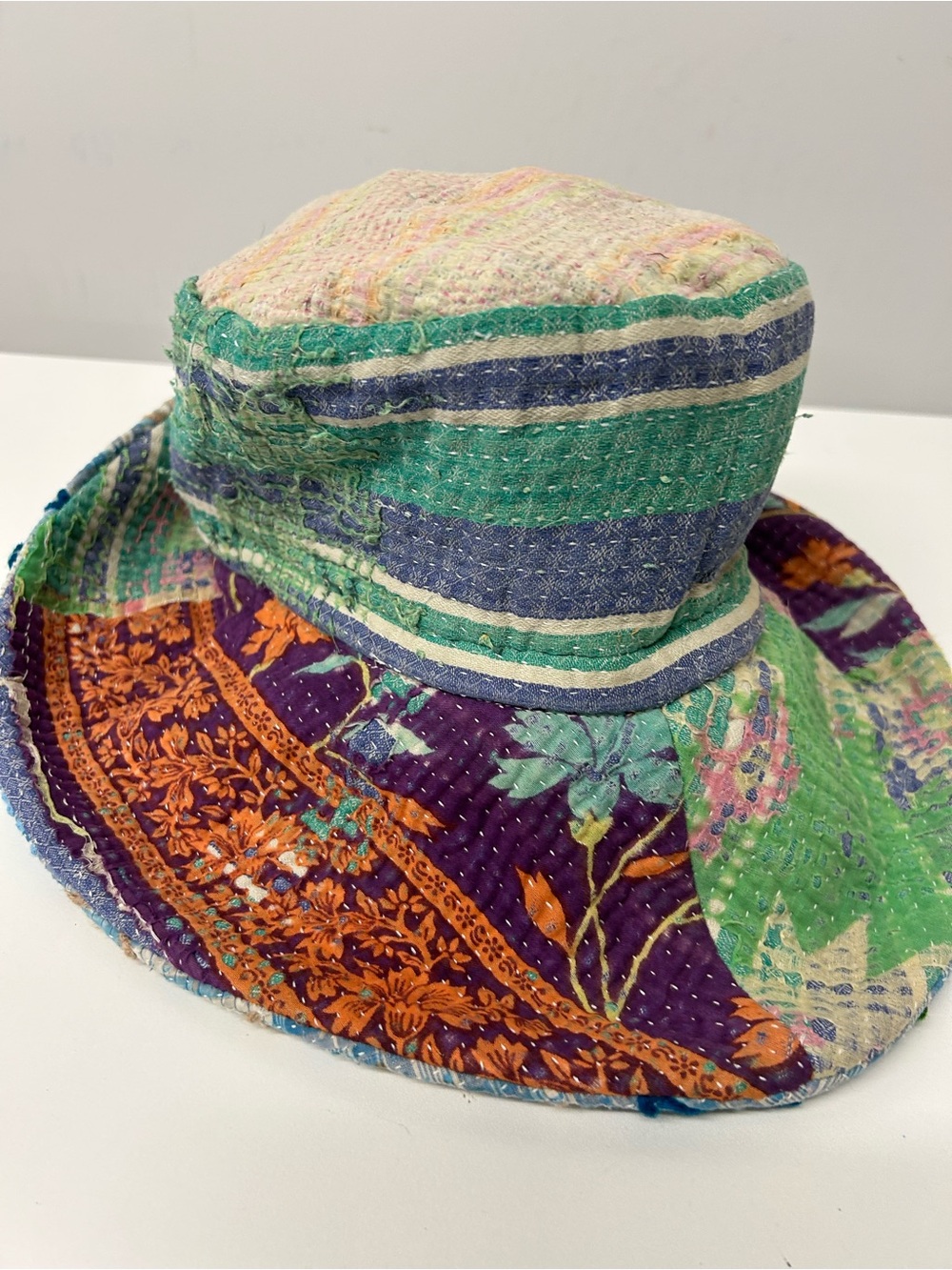 Free People Blue Embroidered Vintage Kantha Bucket Hat with Green and Tan Accent - Picture 3 of 4